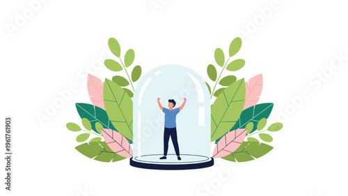 Young man celebrates with raised arms while safely enclosed inside a transparent glass dome surrounded by tropical plants.