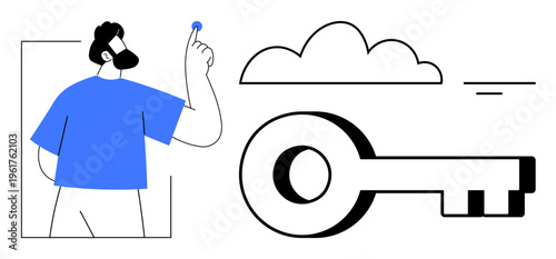 Cloud storage concept. A man interacts with a key as a symbol of secure cloud storage. Cloud storage s data security and seamless digital access. For technology, remote work, IT, digital security