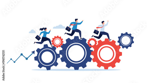 Group of business professionals run together along a series of giant interlocked gears towards an upward growth arrow.