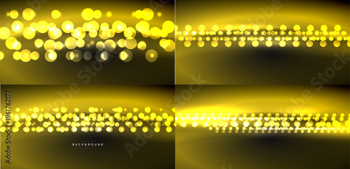 Golden bokeh lights create abstract backgrounds. Four variations showcase differing density, brightness, texture. Festive, celebratory visuals.