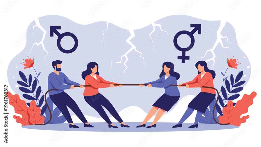 Fototapeta premium Group of diverse people participate in a tug of war game beneath large gender symbols, representing the social struggle for equality between sexes.