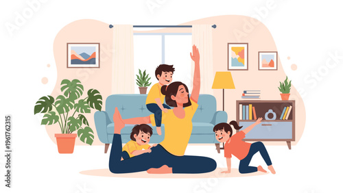 Mother practices yoga at home while her energetic young children play and climb on her, illustrating a happy family lifestyle and fitness routine.