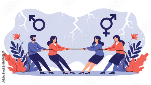 Group of diverse people participate in a tug of war game beneath large gender symbols, representing the social struggle for equality between sexes.