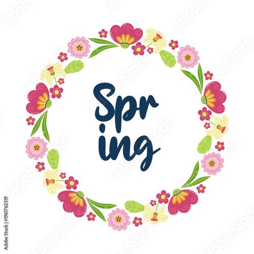 Round floral frame with red tulips and narcissus. Inscription Spring in center. Seasonal hand drawn card, poster, web banner. Vector illustration on white background.