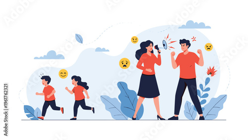 Angry parents argue and shout at each other using a megaphone as their distressed children run away in fear, showing family conflict and trauma.