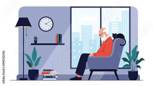 Lonely elderly man sleeps in an armchair by a large window with his pet cat, representing the quiet and solitary life of a senior citizen at home.