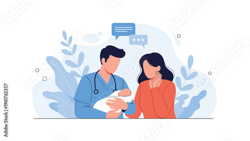 Pediatrician in blue scrubs holds a newborn baby while talking to a concerned young mother in a modern clinic or pediatric hospital department.