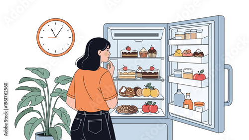 Woman stands before an open refrigerator filled with sweet cakes and pastries, struggling to choose between healthy food and sugary treats.