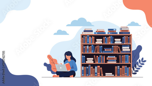 Young student sits on the floor reading a book next to a large bookshelf in a library, illustrating the joy of education and academic study.