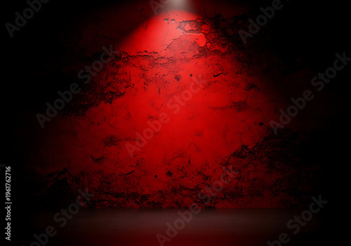 Empty stage background with dramatic spotlight on deep red grunge wall. Dark, atmospheric, cinematic texture backdrop with copy space