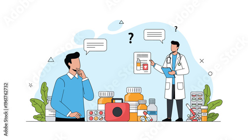 Patient consults with a male doctor about various medications and pill bottles, showing a typical medical visit to a health clinic or pharmacy.