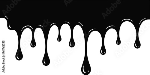 Dripping oil stain and liquid ink silhouettes vector set, black abstract splatter drops and grunge fluid shapes collection