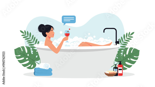 Relaxed woman enjoys a glass of red wine while soaking in a bubble bath, illustrating a luxury self-care routine and healthy relaxation habits.