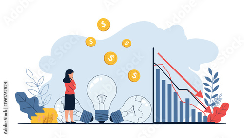 Businesswoman looks at a declining bar chart and broken lightbulbs in despair, symbolizing business failure and the loss of creative ideas.