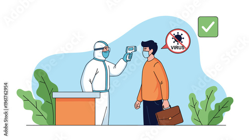 Health official in a protective suit checks a man's temperature at a security checkpoint to prevent the spread of a dangerous viral disease.