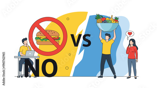 Conceptual illustration showing a choice between a greasy burger and a healthy fruit bowl, representing diet and positive lifestyle changes.