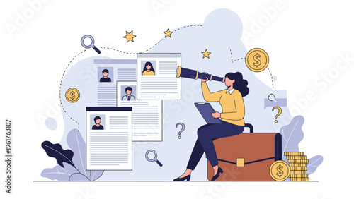 Career expert sitting on a large suitcase using a telescope to search for qualified job candidates and new opportunities.