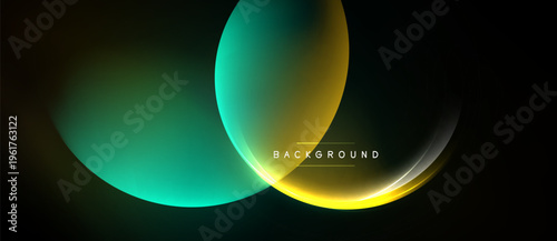 Abstract design features overlapping circles, gradients. Teal, gold hues dominate dark background. Modern, dynamic composition.