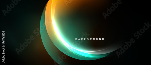 Abstract design features glowing curved lines. Colors blend from teal to orange against dark background. Modern, dynamic composition.