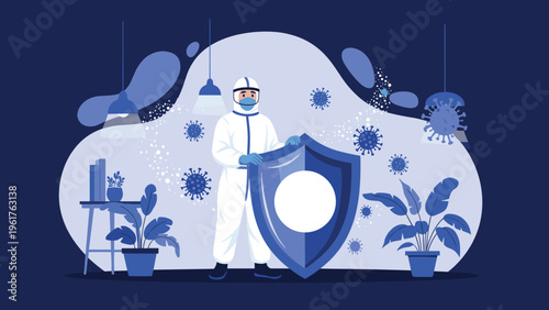 Health worker in protective hazmat suit holding a blue shield to defend against viruses and bacteria in a sterile environment.