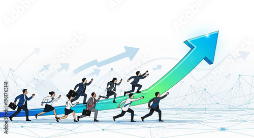 Business Professionals Riding an Upward Arrow - Growth and Success Concept.