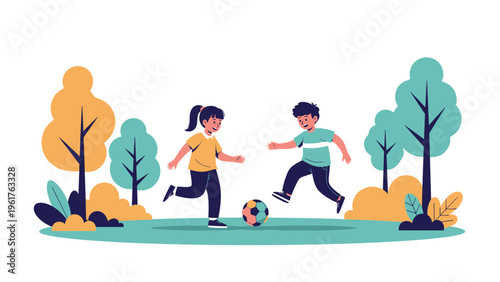 Two young children playing soccer together in a beautiful park with colorful autumn trees and a bright atmosphere.