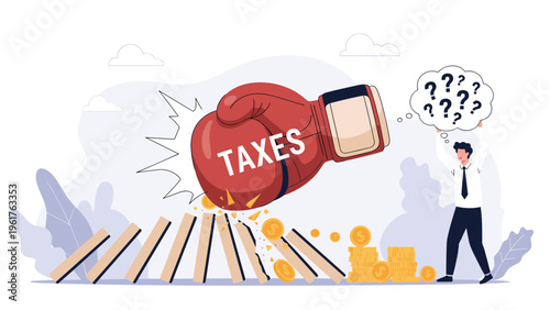 Large boxing glove labeled taxes hitting financial dominoes causing them to fall while a businessman looks on with worry.