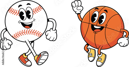 Cute sports ball mascots featuring smiling baseball and basketball characters in playful cartoon style perfect for kids and athletic designs