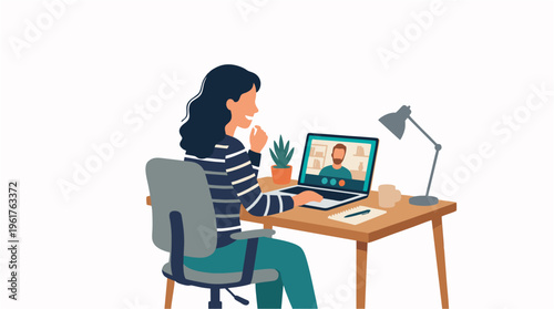 Woman Having a Video Call Virtual Meeting on Laptop at Home Office Vector