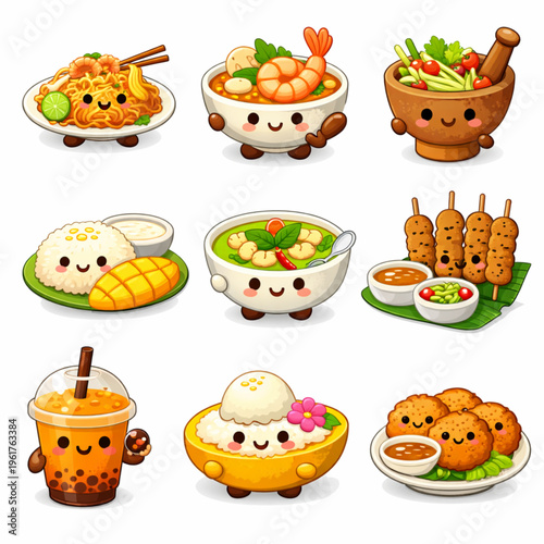 Cute Kawaii Thai Food Characters Set - Tom Yum, Pad Thai, Mango Sticky Rice, Som Tum, and Satay Vector Illustration