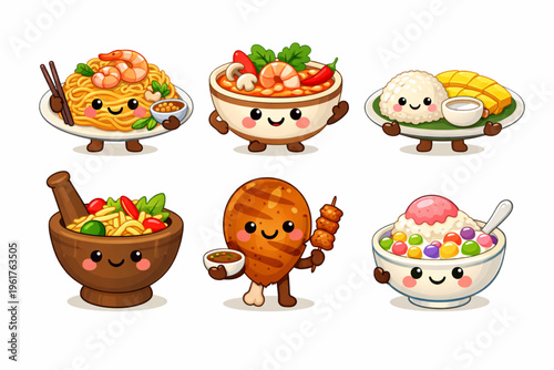 Cute Kawaii Thai Food Characters Set - Tom Yum, Pad Thai, Mango Sticky Rice, Som Tum, and Satay Vector Illustration