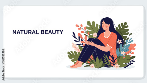 Calm young woman sitting peacefully among lush green leaves and blooming flowers to celebrate natural beauty.