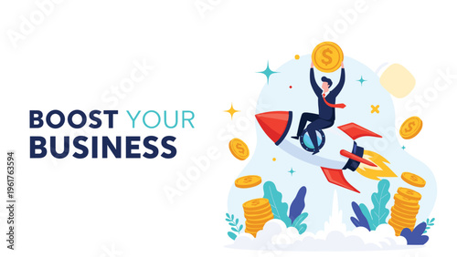 Ambitious businessman riding a fast rocket surrounded by gold coins to boost his business growth and success.