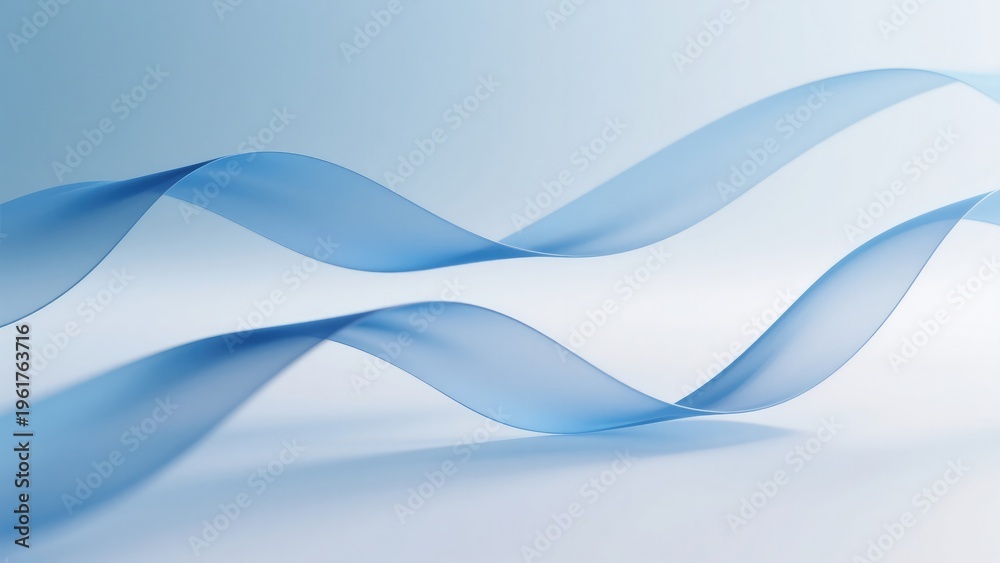 Fototapeta premium Against a light blue-gray background, flowing blue ribbons float lightly and softly, exuding luxury and decoration.