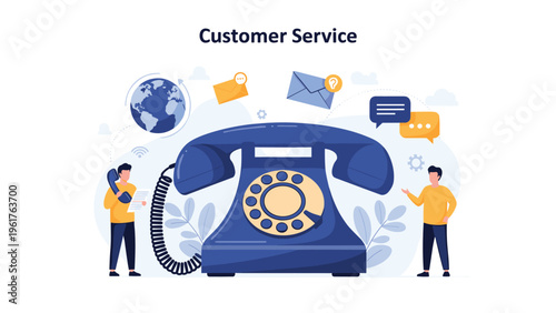 Huge vintage rotary telephone surrounded by customer service representatives helping clients with email and global support.