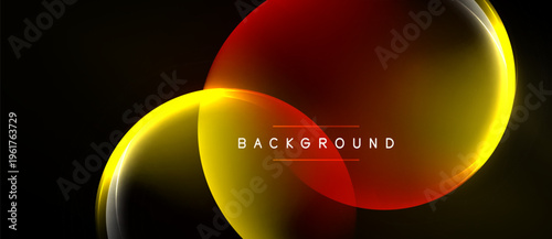 Abstract design features overlapping vibrant yellow, red shapes. Dark background enhances luminosity, creating modern visual impact. Text reads BACKGROUND.