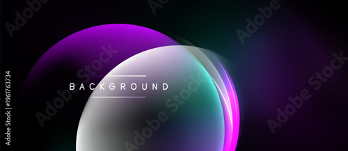 Abstract design features overlapping colorful circles. Gradient shades blend purple, teal, white against black backdrop. Modern, dynamic composition.