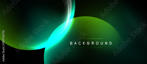 Abstract design features flowing green shapes. Dark background enhances vibrant color gradients, creating modern visual effect.