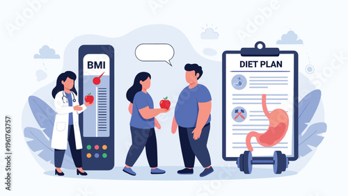 Professional doctor consulting with an overweight male patient about his BMI and a personalized healthy diet plan.