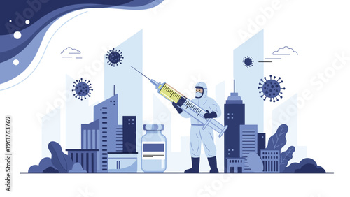 Healthcare professional in a protective suit holding a large vaccine syringe to protect a city from virus outbreaks.