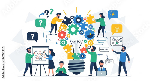 Collaborative Innovation - Teamwork Assembling a Light Bulb of Ideas and Solutions.