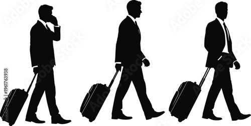 Businessman traveler silhouettes walking with rolling suitcase, corporate travel concept, business trip journey, professional men with luggage isolated on white background
