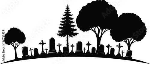 Cemetery graveyard silhouettes featuring tombstones, headstones, crosses, and trees for spooky Halloween background, funeral memorial, or gothic landscape vector design,