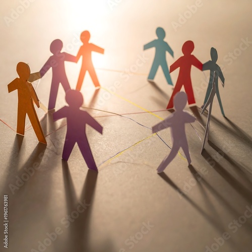 Group of colorful paper cutouts linked by lines, representing connection and community