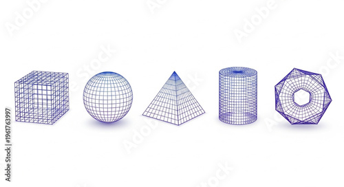Geometric Shapes with Intricate Line Patterns on White Background.