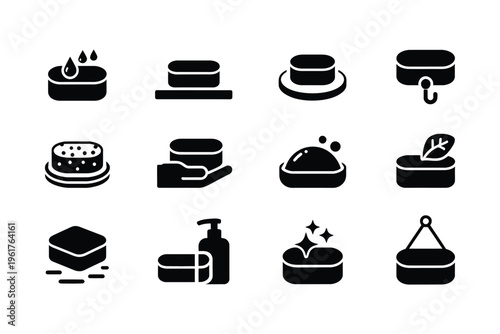Routine hygiene vector icons, dish, bathroom, soap, sink, functional everyday cleaning, personal care and household workflow concept.