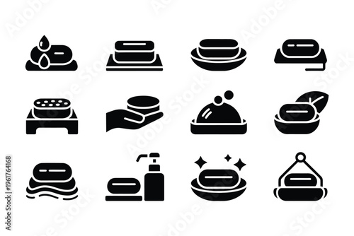 Routine hygiene vector icons, dish, bathroom, soap, sink, functional everyday cleaning, personal care and household workflow concept.