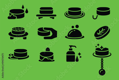 Routine hygiene vector icons, dish, bathroom, soap, sink, functional everyday cleaning, personal care and household workflow concept.