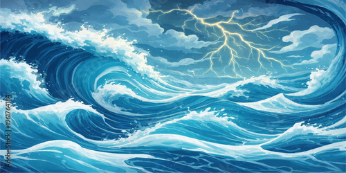 Abstract image, where tempestuous waves surge, creating a dramatic coastal scene under a stormy sky, captured with vivid detail, illustrating the power and beauty of nature's forces.