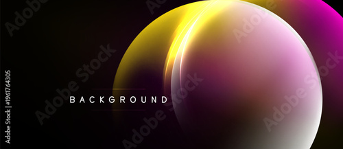 Abstract background features vibrant circular gradients. Yellow, pink, purple hues blend smoothly over black space. Minimalist design.